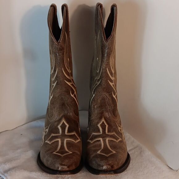 Justin Brown Leather "Cross" Women's Western Cowboy Boots - Picture 2 of 7